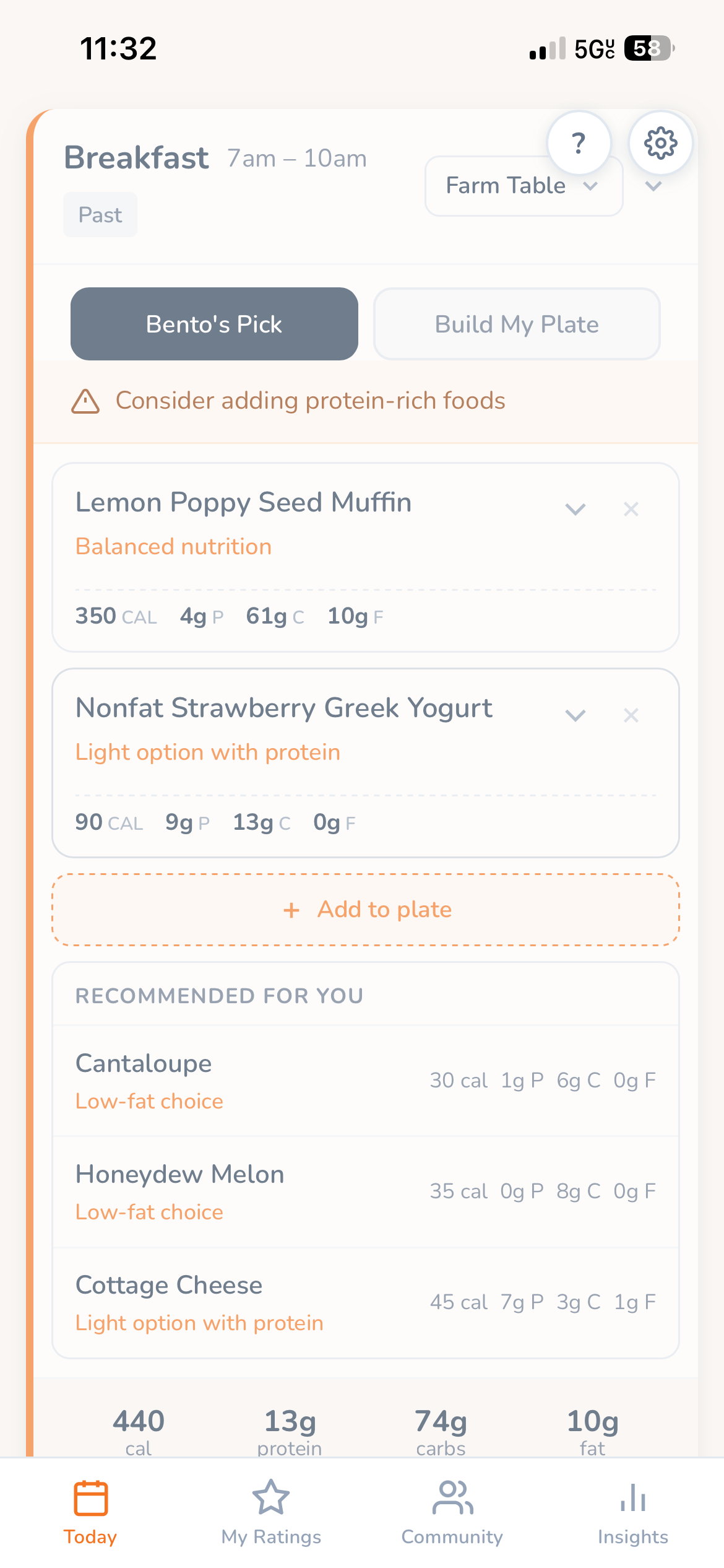 A suggested meal in Bento, with its calories and macros against the day’s targets.